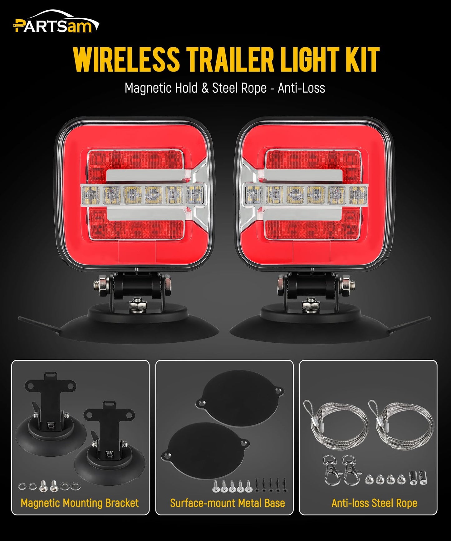 Partsam Wireless LED Trailer Light Kit, Magnetic Stop Turn Reverse Lights, 12-24V, IP67 Waterproof, Red, Standard Size, Metal/Plastic