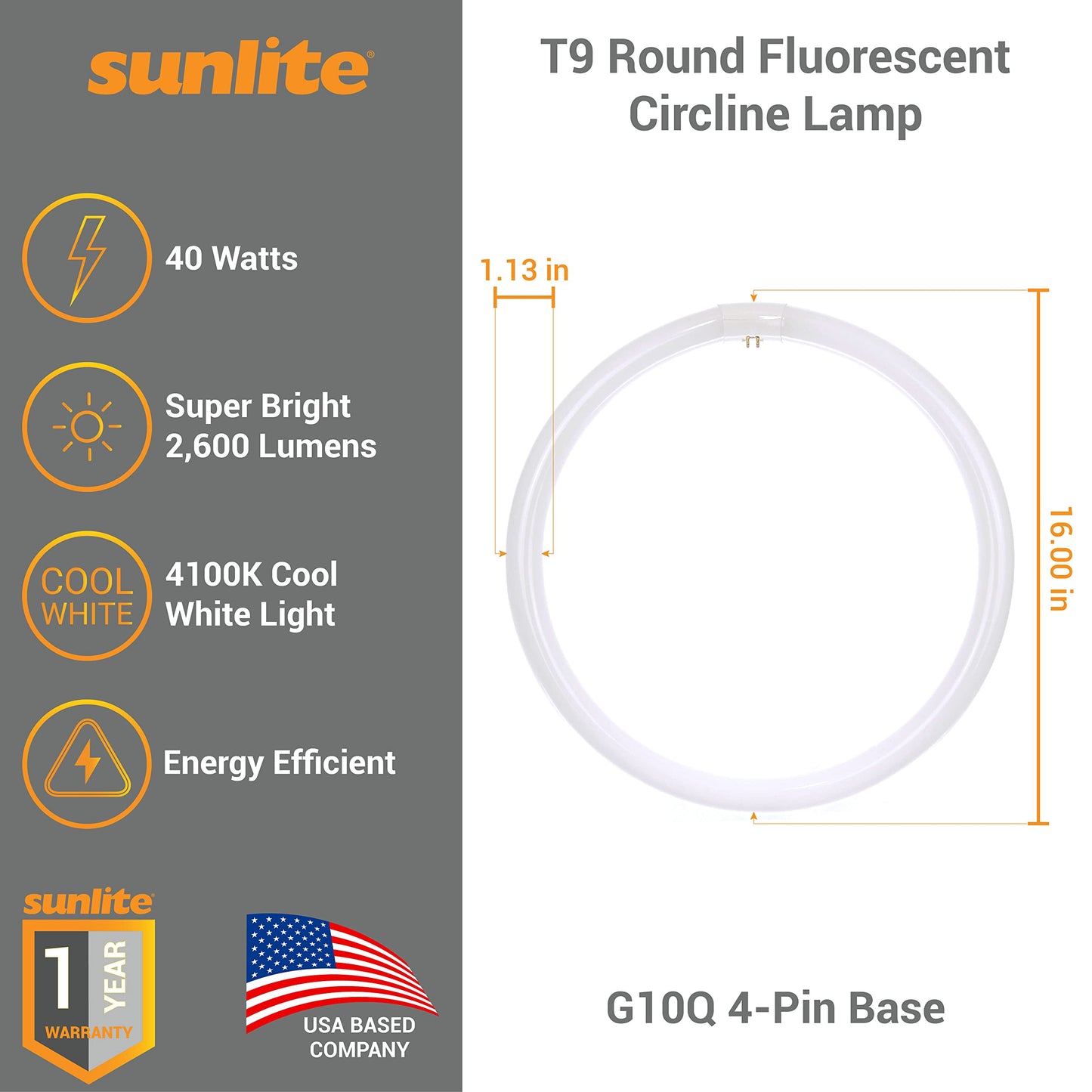 Sunlite FC16T9/CW T9 Round Fluorescent Circline Lamp, 40W, 2600 Lumens, 4100K Cool White, G10Q 4-P