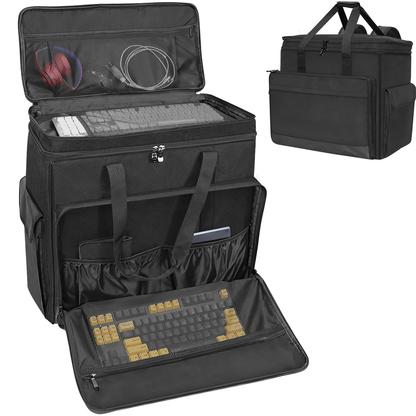 XIDIHF Double-Layer Desktop PC Tower Carrying Case  Travel Storage Bag for Computer Chassis  Keyboard  Mouse  Cables  and Accessories  Bag Only  Black-New