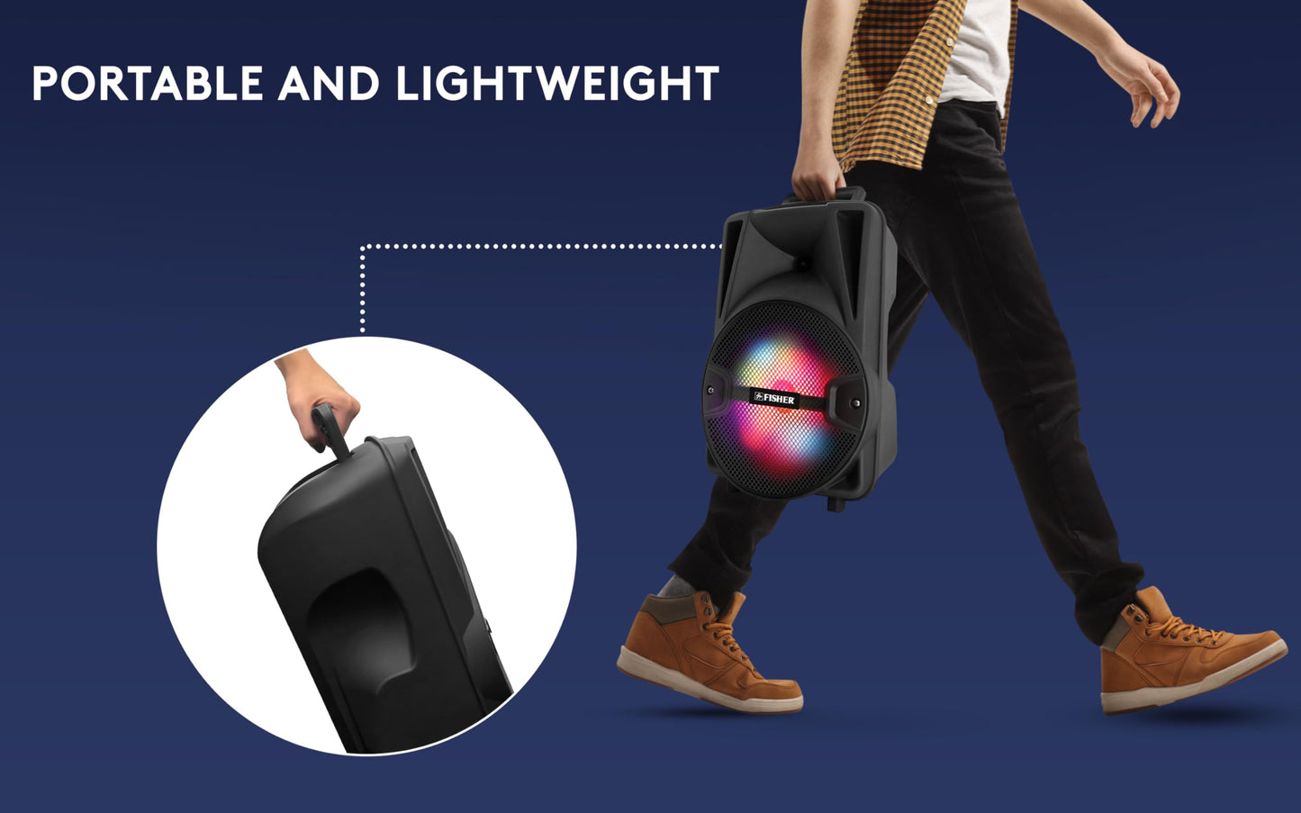 Fisher Portable Bluetooth Wireless Speaker System: 8" Subwoofer 20W Peak Power w Loud HD Bass Sound & LED Lights, Rechargeable, Karaoke, TWS Pairing, USB Port, FM Radio, Speaker Stand