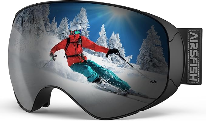 AirsFish Ski Goggles, Magnetic Side-Clip Snowboard Goggles Over Glasses -OTG Anti Fog 100% UV 400 Protection