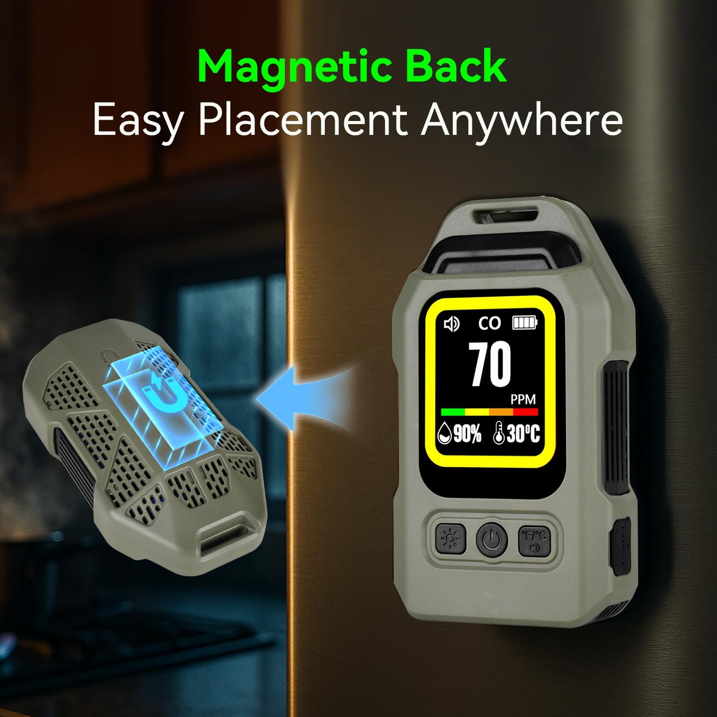 Portable 4-in-1 Carbon Monoxide Detector, Rechargeable Mini CO Alarm with Magnetic Back, 300H Standby, Temp & Humidity Sensor Air Quality Monitor for Home, Travel, Camping, RV, Car