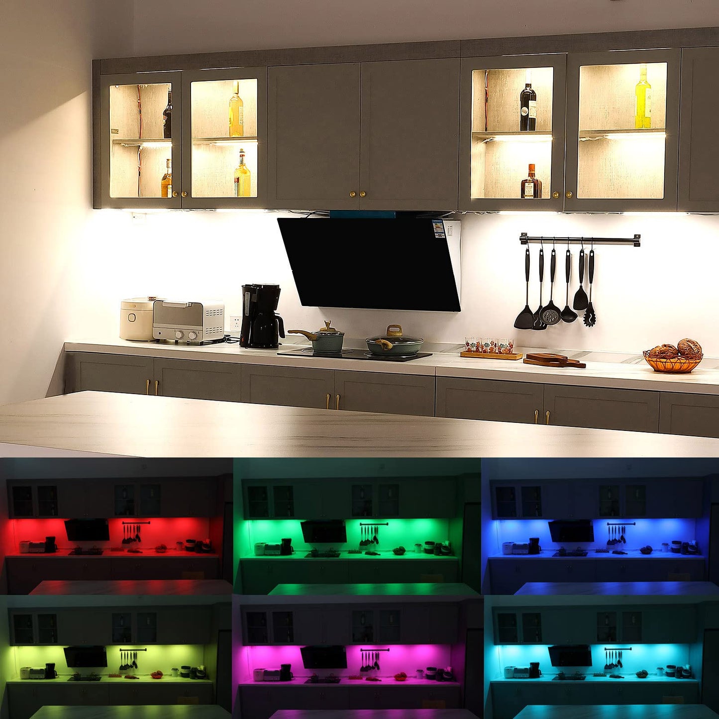 Litever Under Cabinet Led Lighting Kit. Rgb Color & Bright Warm White Light. Slim Linkable Led Light Bars With Power Adapter  Controller  Extension Cords. Max 24W. Dimmable. Plug In. Rgb + 3000K.