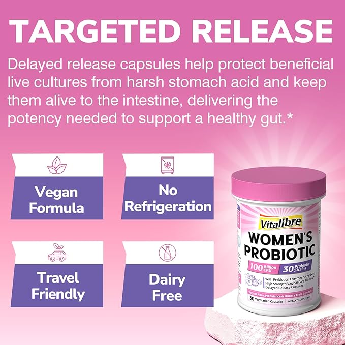Probiotics for Women 30 Strains, 100 Billion CFU Vaginal Probiotics with Digestive Enzymes, Prebiotics & Cranberry for Urinary Tract Health, pH Balance, 30 Veggie Capsules