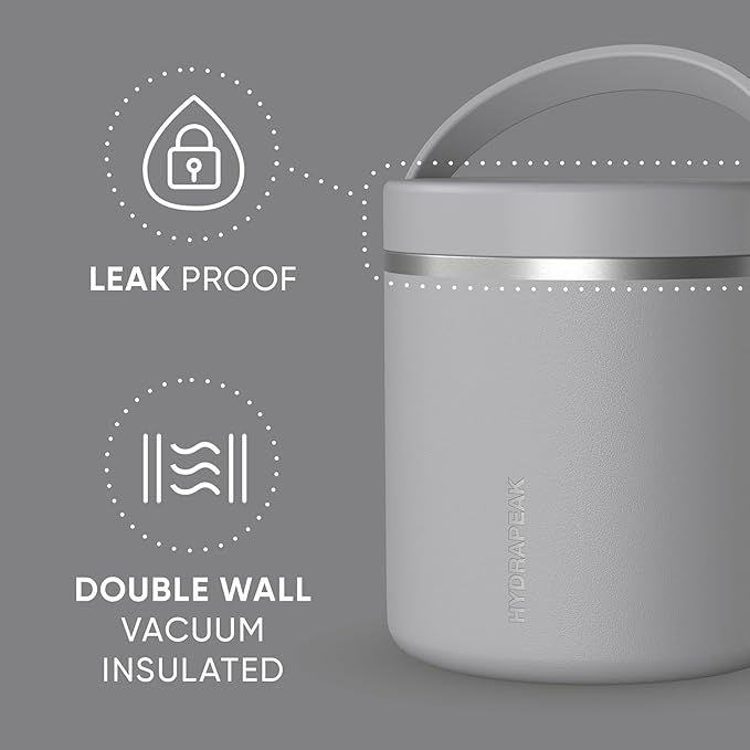 Hydrapeak 25oz Stainless Steel Vacuum Insulated Food Jar | Hot Food and Cold Food, Wide Mouth Leak-Proof Soup Jar for Adults, 10 Hours Hot and 16 Hours Cold (Grey)