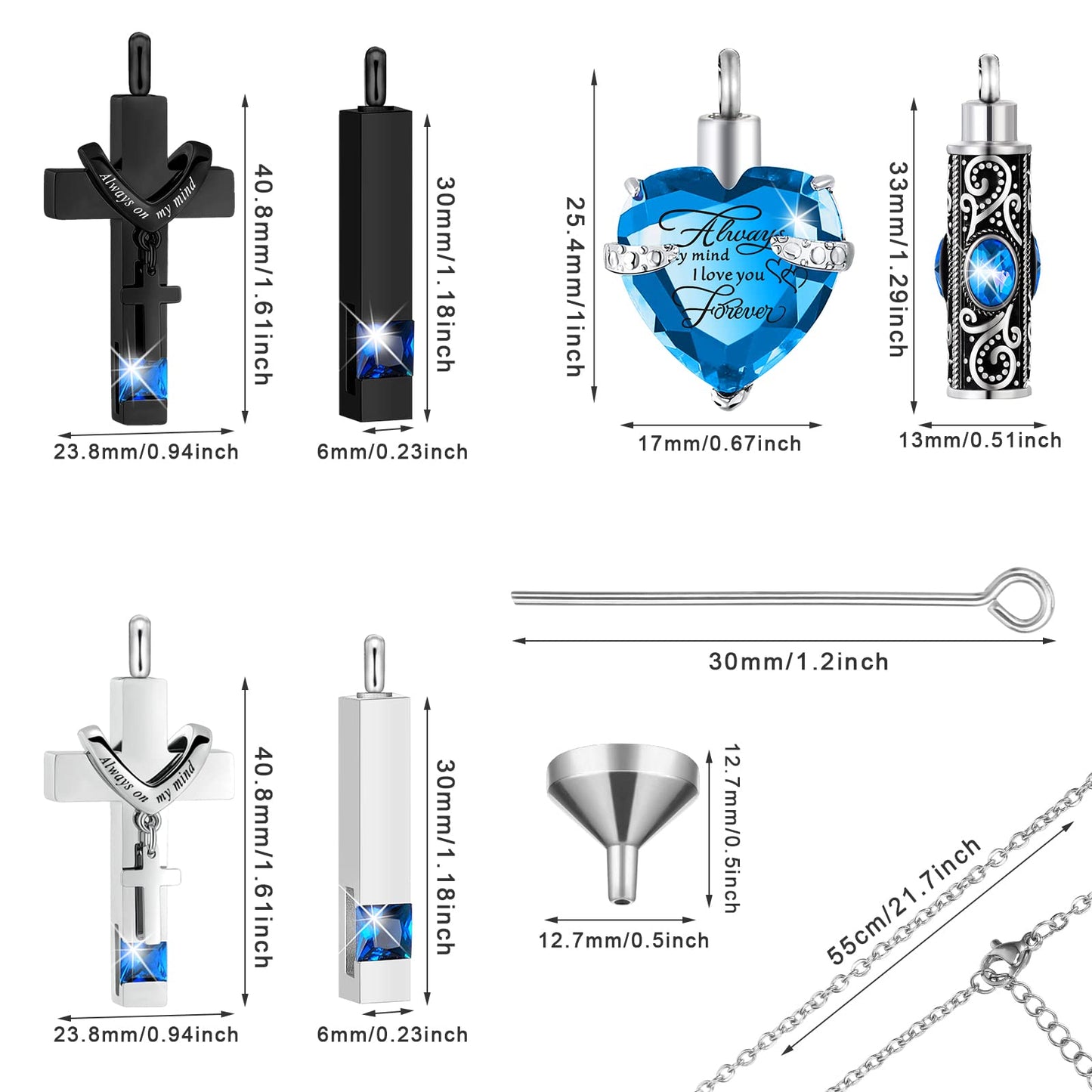 Fumete 6 Pcs Ashes Necklace Urn Jewelry for Human Ashes Memorial - Men & Women Pendant(Lake Blue)
