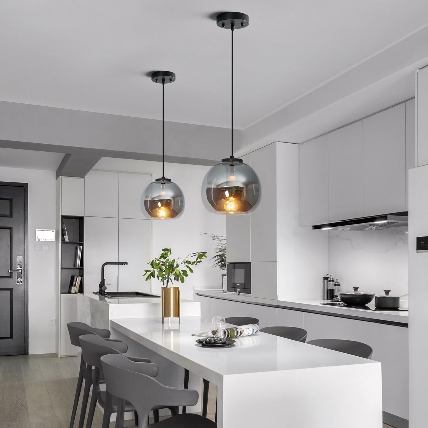 Lbsqj Mirror Smoke Gray Glass Pendant Lights Kitchen Island 3 Pack 7.87 Glass Globe Pendant Light Black Hanging Light Fixture Modern Pendant Lighting For Kitchen Island Bedroom Dining Room