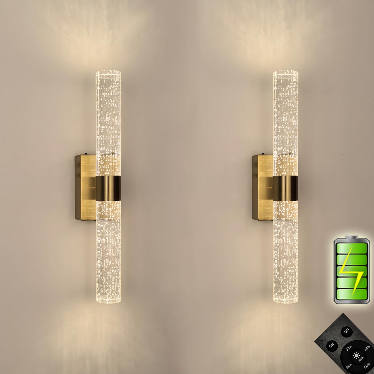 Reddragon Lighting Cordless Rechargeable Crystal Wall Sconces Set of 2, 15.5 Inch, Brushed Gold, Battery Operated