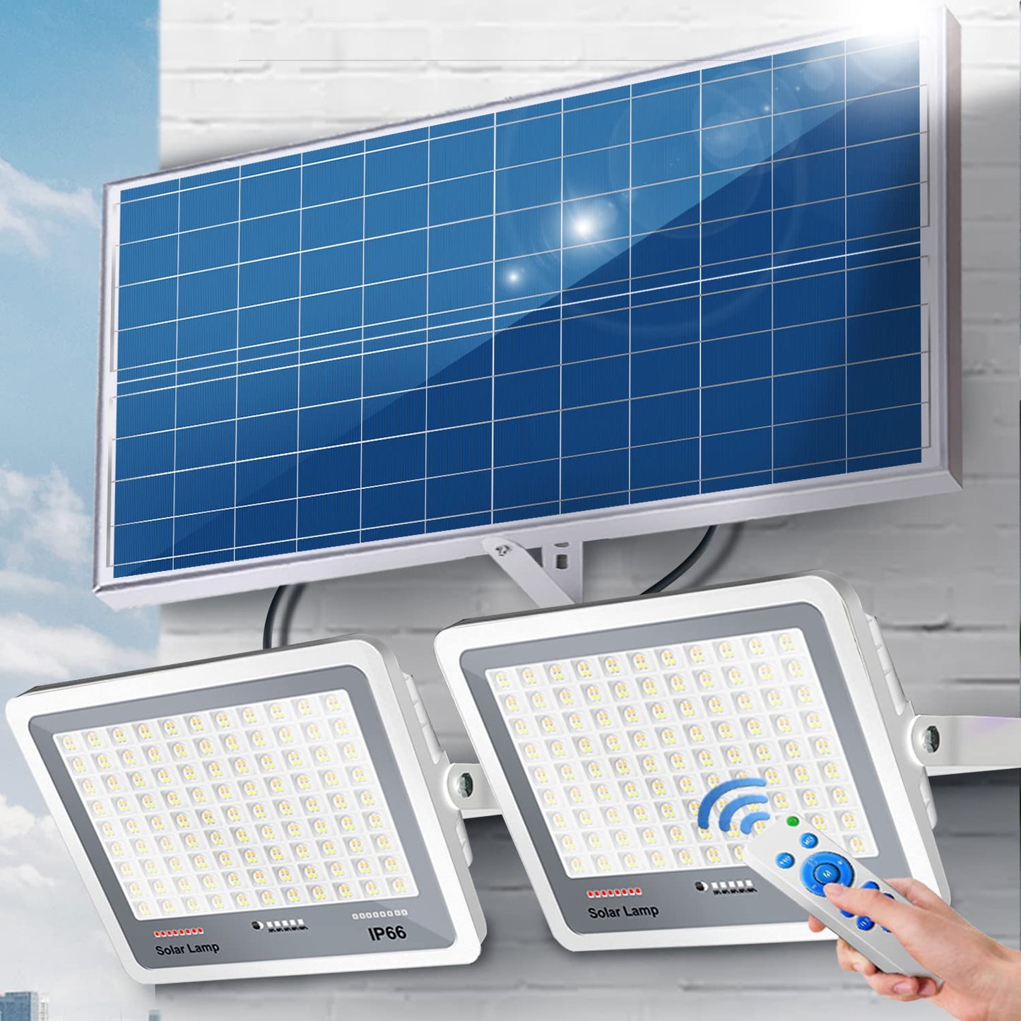 Dawumt Solar LED Flood Lights Set, 300W Dimmable, 3000K-7000K, Remote Control, IP66 Waterproof, White