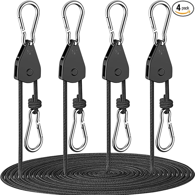 Fondwell 1/8" Rope Tie Downs Ratchet: 4 Pack of Grow Light Hangers Adjustable - Mini Ratchet Straps for Various Hanging an...