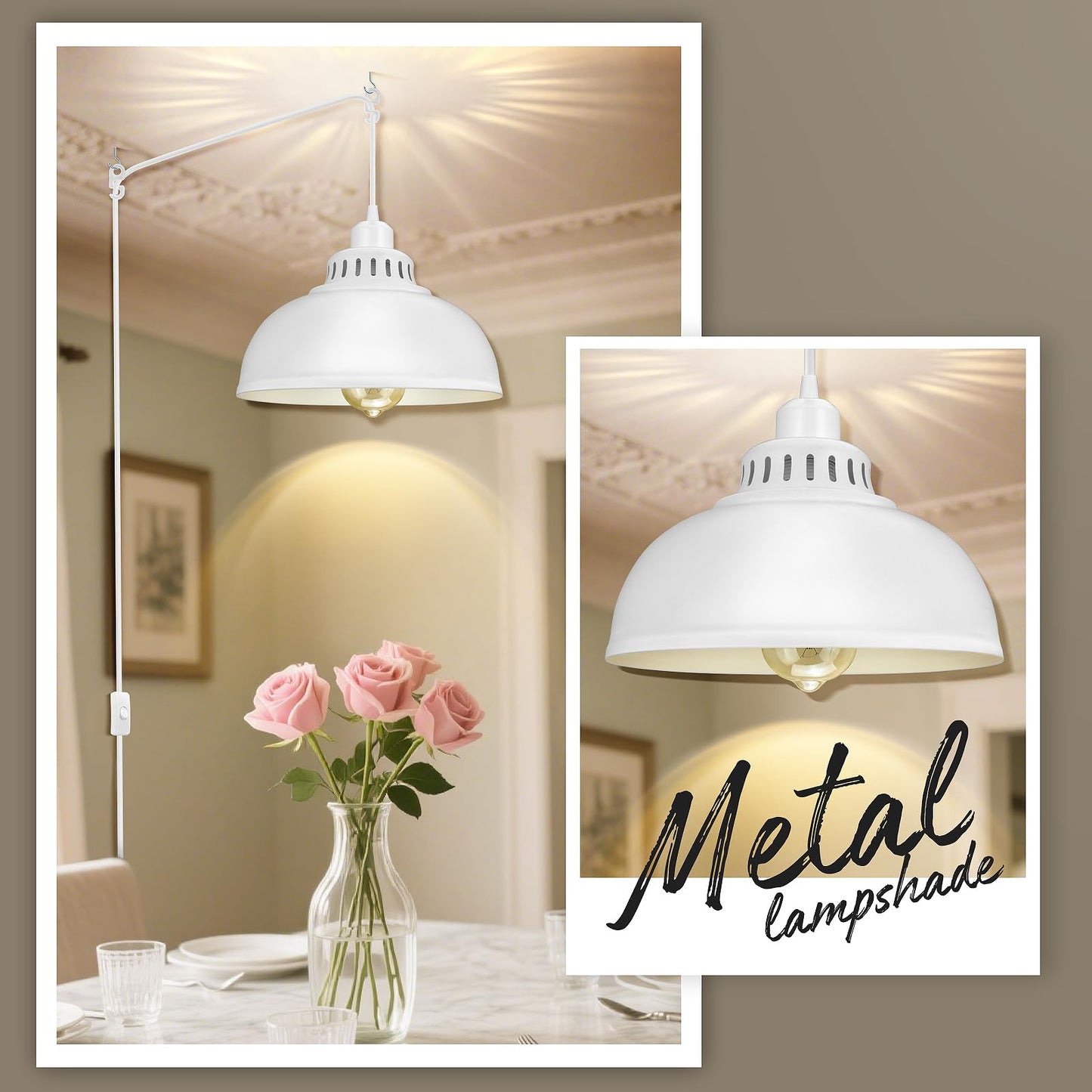 SoodMi Plug in Pendant Light, Industrial Metal Hanging Lamp, 15FT Cord with Switch, Big White, Model PLDG-0015