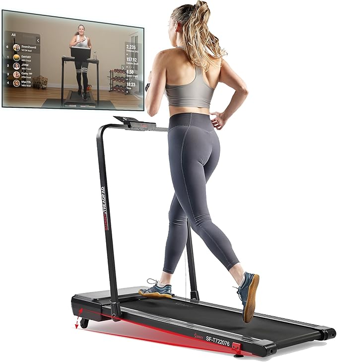 Sunny Health & Fitness Sleek Compact Smart Treadpad Treadmill with 6-Level Auto Incline, Remote Control, Shock Absorption,...