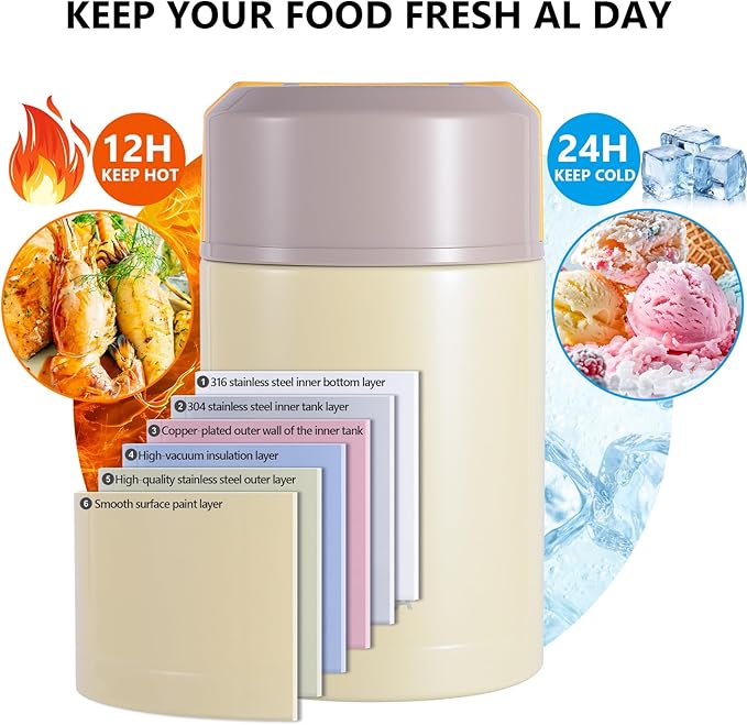 33.8oz Insulated Food Jar, 316 Stainless Steel Thermo for Hot Food, Leak-Proof Lunch Container for Construction, Truck Drivers, Work & Travel (Grey)