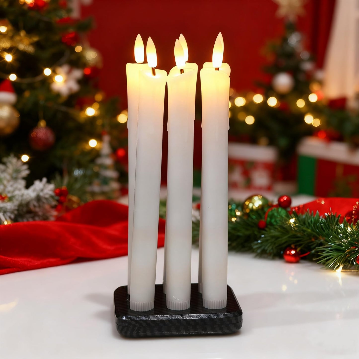 Lasumora Rechargeable Flameless Taper Candles with Charging Station & Remote Timer, 6 Pcs Real Wax LED Taper Candles, Battery Operated Candlesticks for Home Wedding Christmas Decorations (White)