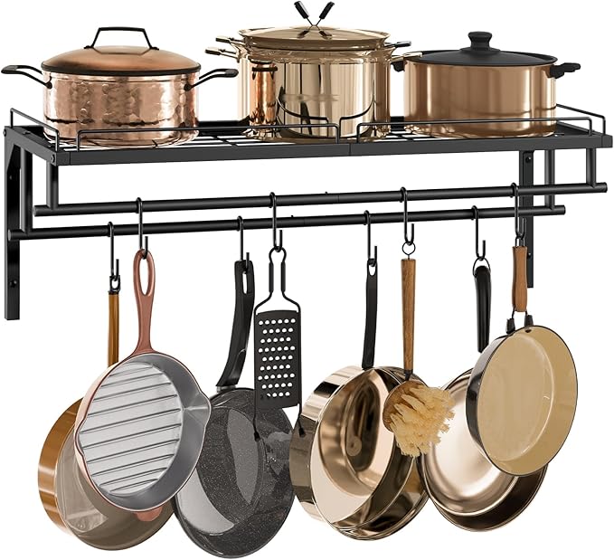 Hanging Pot Rack, Wall-Mounted Pot Rack, Kitchen Cookware Organizer, Metal Pot and pan Organizer Holder, for Cookware, Utensils Organization, Black TPR38BB