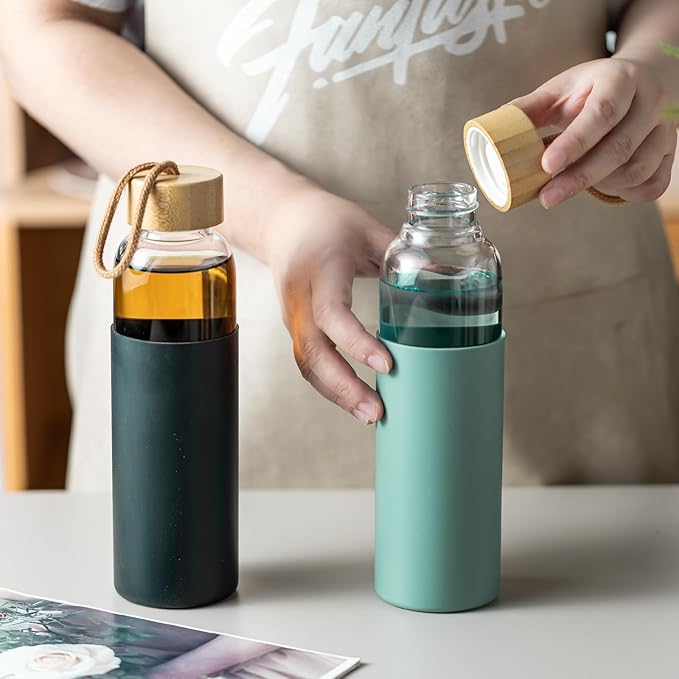 21oz Glass Water Bottle with Silicone Sleeve & Bamboo Lid, BPA Free Reusable Water Bottle Glass for Gym Office Travel, Gift for Fitness Enthusiasts (Pink)