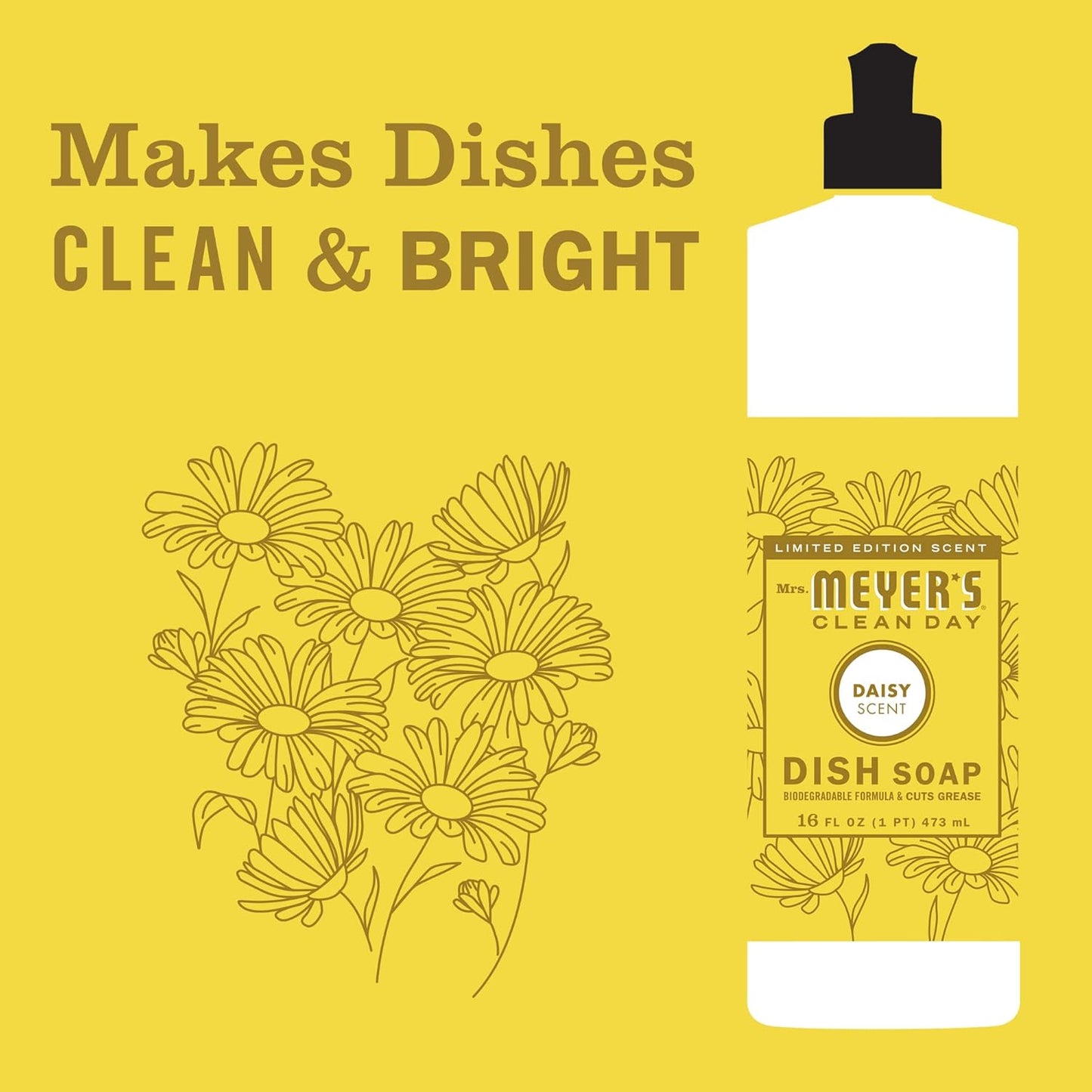 MRS. MEYER'S CLEAN DAY Liquid Dish Soap, Biodegradable Formula, Daisy, 16 fl. oz
