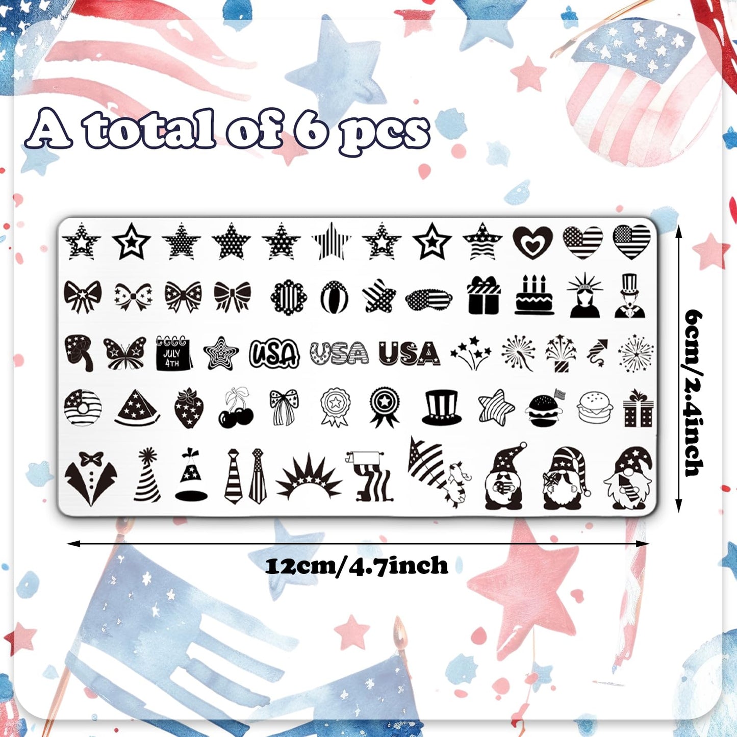 Whaline 6Pcs Patriotic Nail Plates Stamping Set USA Flag Star Stamp Templates 4th of July Nail Art Plates for Independence Day D