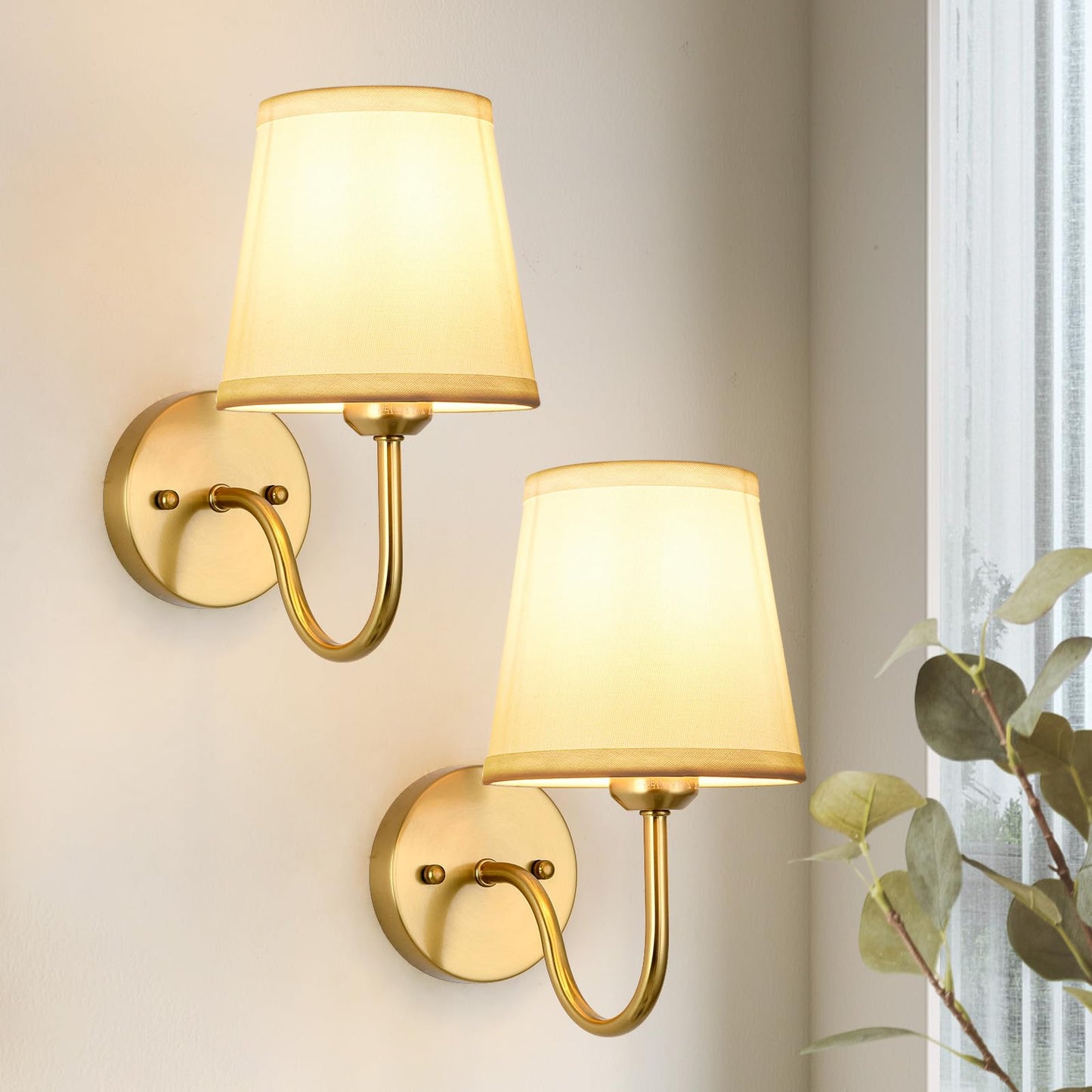 Smeike Wall Sconce Set Of 2  Gold Bathroom Vanity Sconces Wall Lighting  Indoor Wall Lights With Light Beige Fabric Shades  Wall Mounted Lamps For Bedroom Living Room Hallway