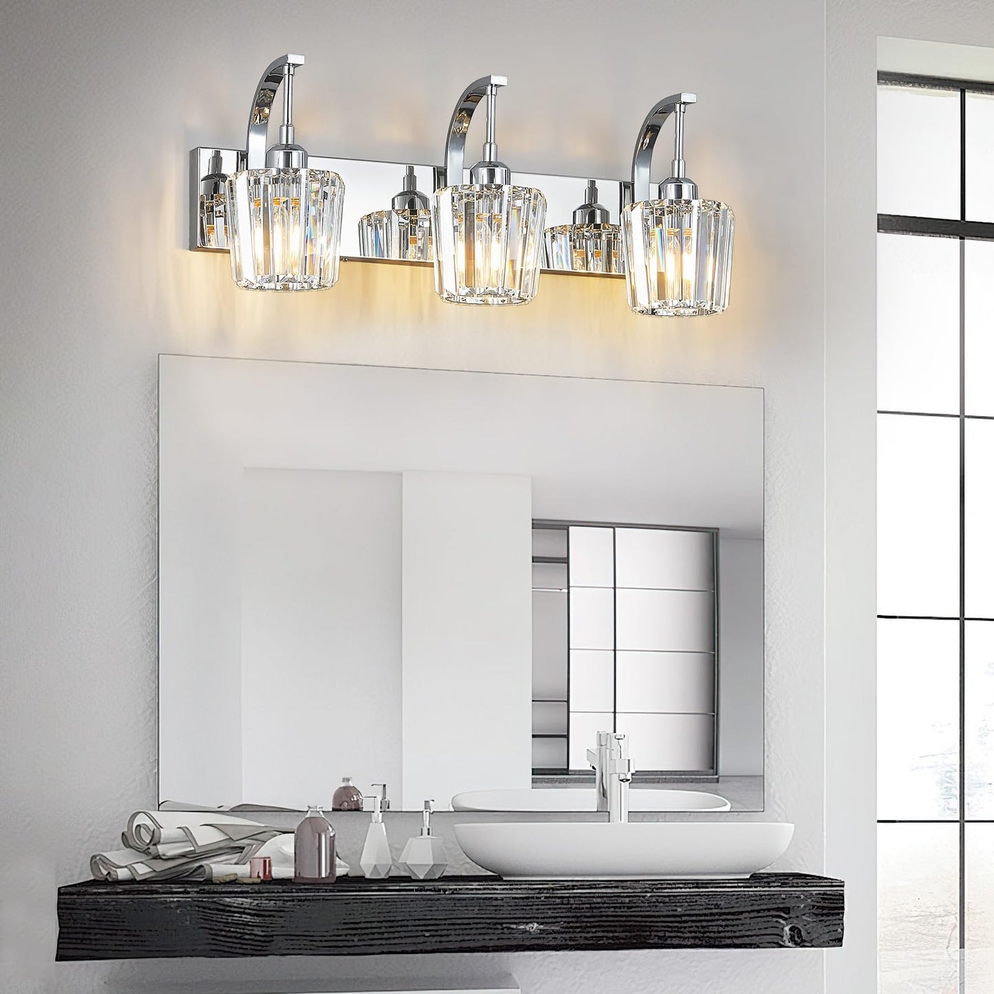 Fdpby Modern Bathroom Vanity Light  3-Light Chrome Wall Sconce With Crystal Accents  Over Mirror Bathroom Lighting Fixture  23.62 Long Dimmable Vanity Lamp For Makeup  Easy Installation