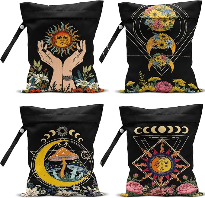 4Pack Witchy Gifts Boho Wet Bag Waterproof Reusable Wet Dry Bag for Swimsuit Diaper Sun Moon Star Butterfly Mushroom Floral Travel Yoga Toiletries Gift for Women Mom Birthday Christmas Halloween