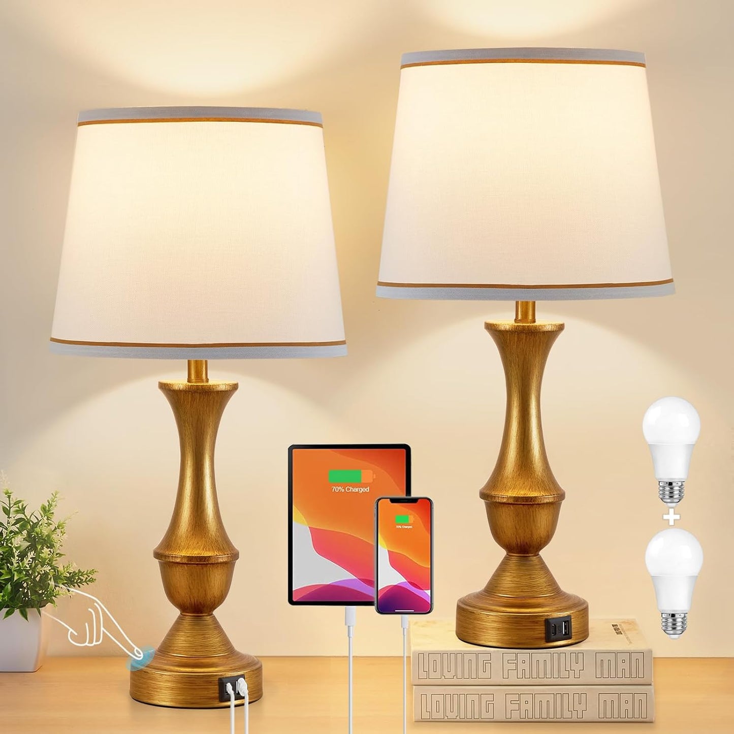 Luvkczc Gold Touch Table Lamps Set of 2, 22" Bedside Lamps with USB C+A Ports, 3 Way Dimmable Nightstand Lamps with White Lampshade,Table Lamps for Bedroom Living Room Bedroom Office, Bulbs Included