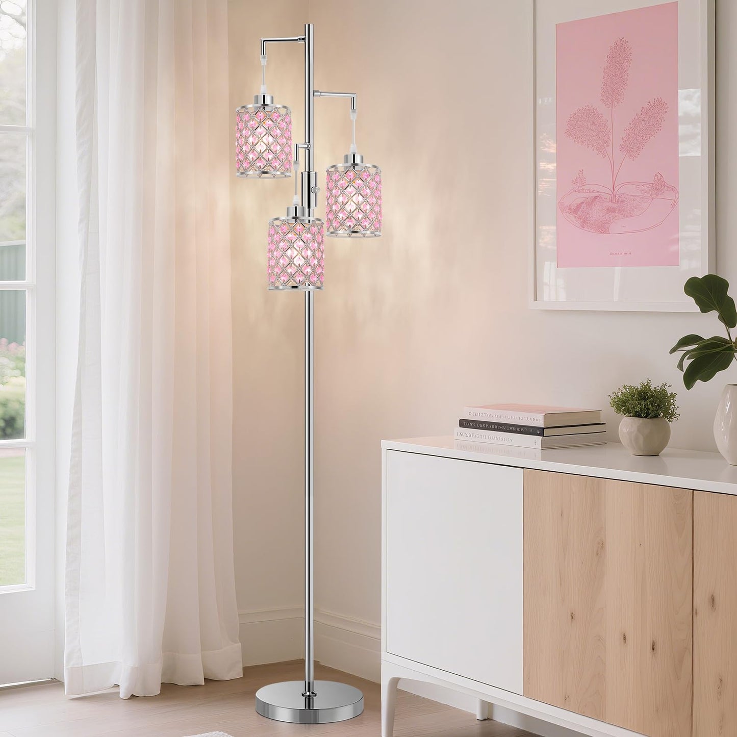 GyroVu Pink Crystal Floor Lamp, 3-Light Metal Standing Lamp, Easy Assemble, Model G-1FL-1769A