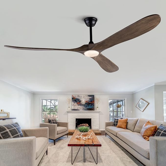 BOJUE Ceiling Fans with Lights 72 Inch Indoor Outdoor Ceiling Fan,Wood Ceiling Fan with Remote Control & 3 Wood Blades for Patio Living Room Bedroom (Aged Pewter-light Grey Weathered Oak Blades)