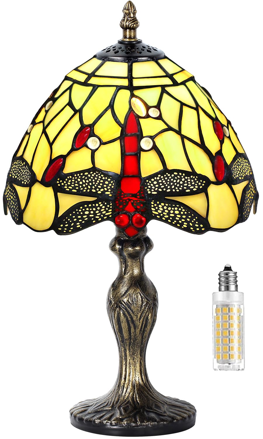MIAOKE Stained Glass Table Lamp, Handmade Night Light, Pale White Dragonfly, Antique Style for Living Room and Bedroom
