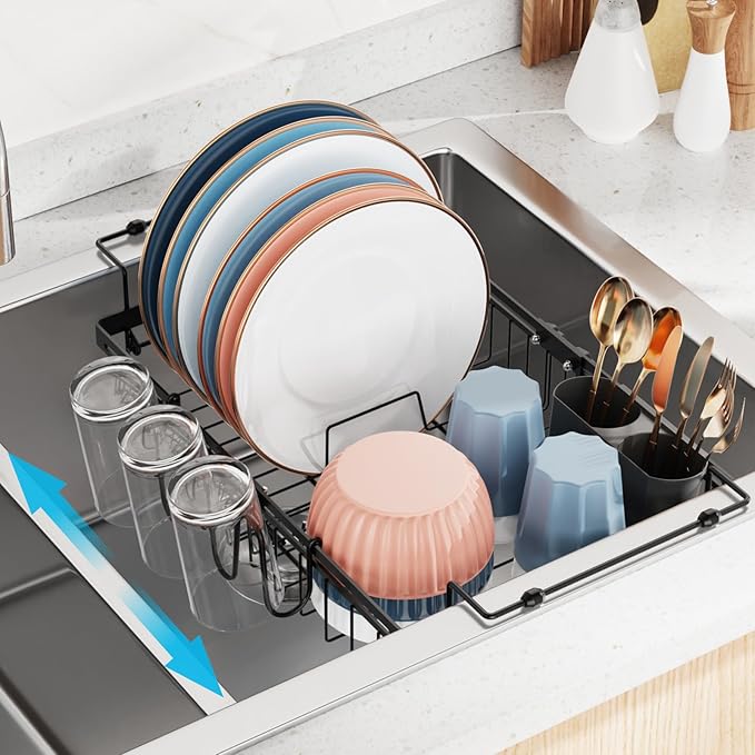 iSPECLE Expandable in Sink Dish Drying Rack - Adjustable Capacity Over The Sink Dish Drainer Drying Rack with Cup Holder for Kitchen, 12.4"-17.1" L x 14.2" W, Black