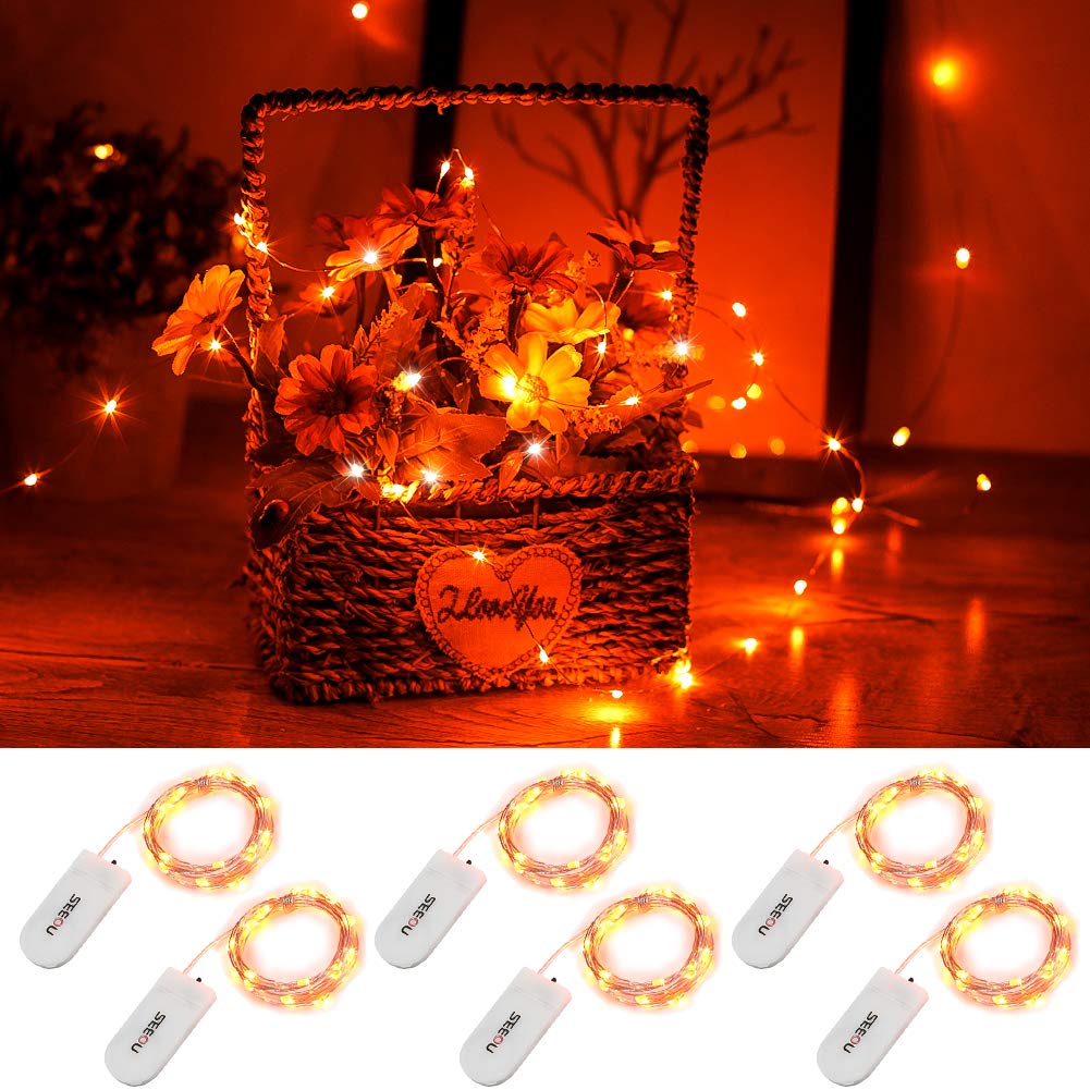 YKB 6 Pack Orange Fairy String Lights, Battery Operated, 3.3ft Silvery Copper Wire, Model SO01-SSL-0506PP