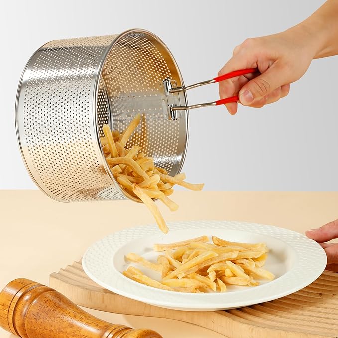 Stainless Steel Colander, Micro-Perforated Metal Pasta Strainer with Hook & Removable Handle, Colander Strainer Sieve for Kitchen French Fries Vegetable/Rice/Fruit/Food - 20cm/7.87in