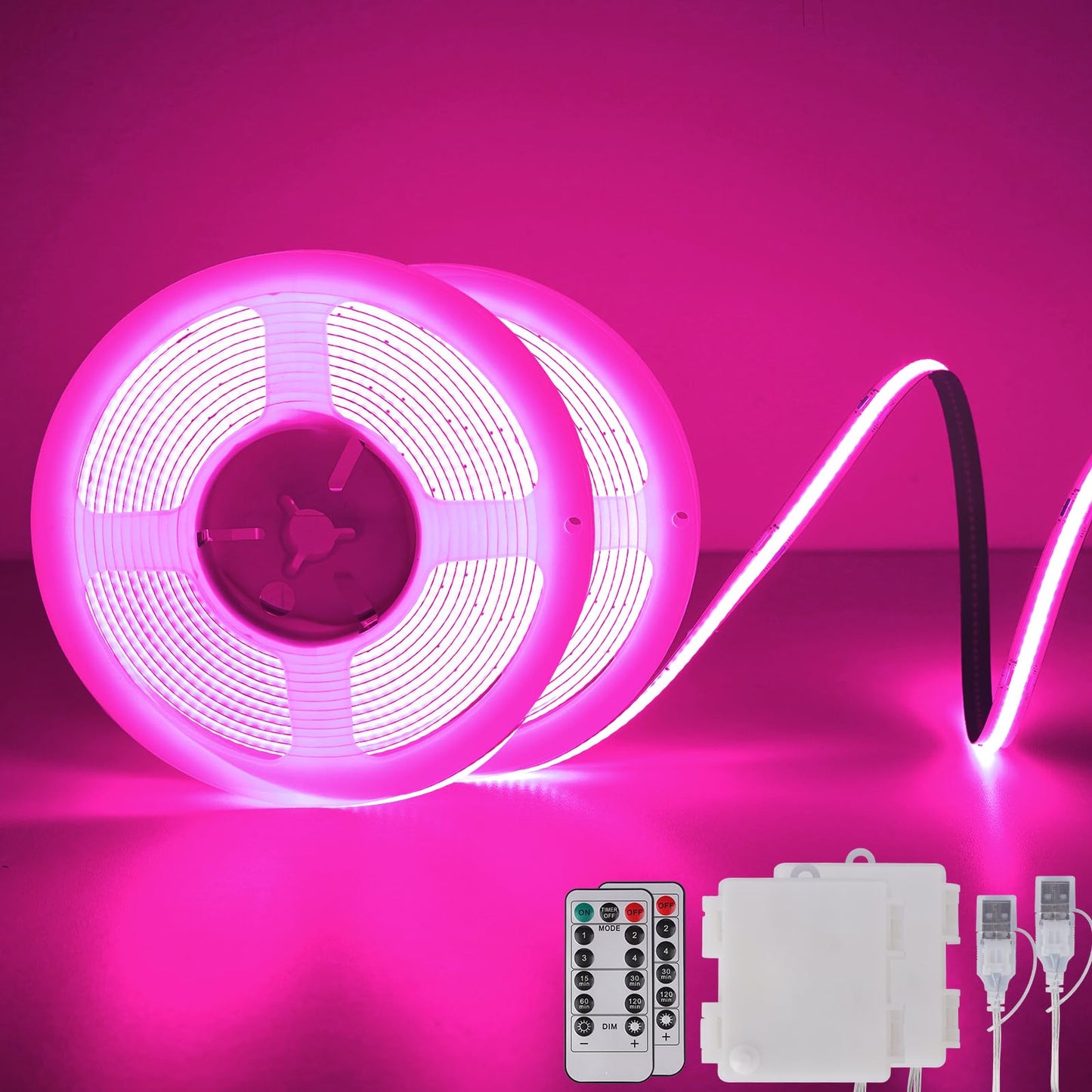 Omika Pink Cob Led Strip Lights Battery Powered With Remote  6.56Ft 640Led Light Strip Dimmable Cuttable Flexible Wireless Led Tape Light For Gifts  Bedroom  Party  Tv Backlight  Diy Decor (2 Pack)