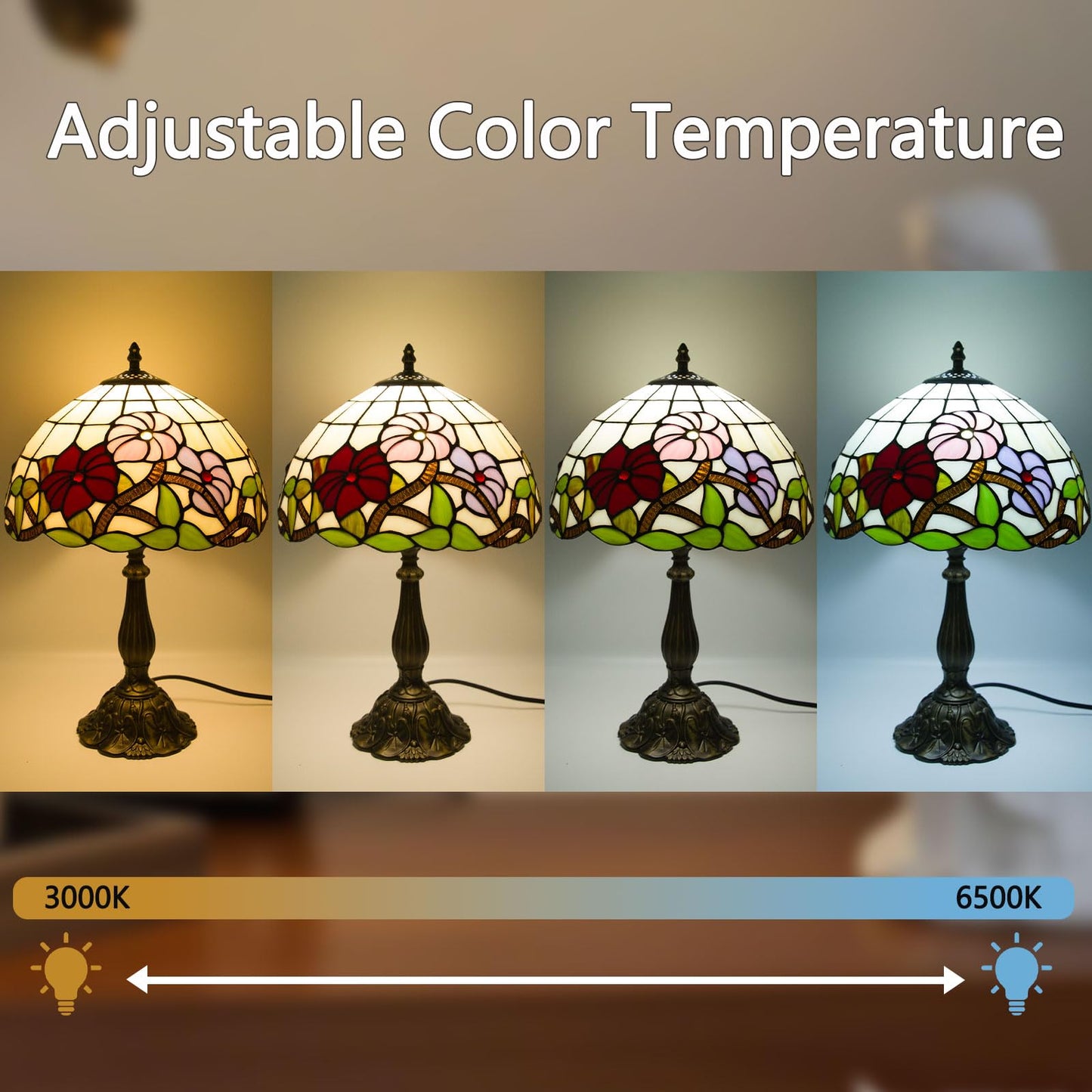 Crefotu Tiffany Table Lamp, 12 Inch, Stained Glass, Remote Control, Stepless Dimmable, Three Flowers, Model CFLP-0003