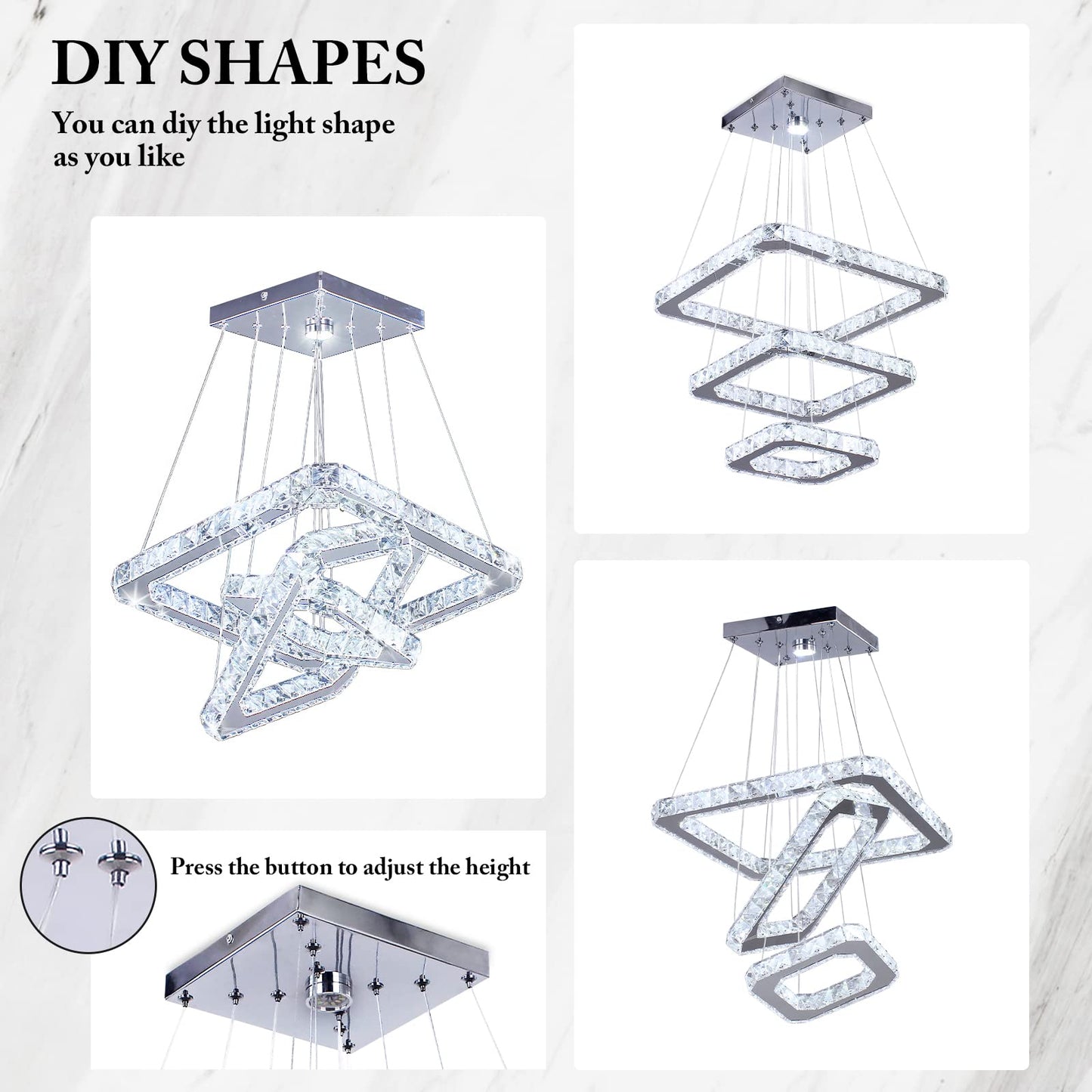 Diisunbihuo Modern Crystal Led Chandelier Pendant Light, Adjustable Height, Square Rings, Cool White, Model B078Dlym5X