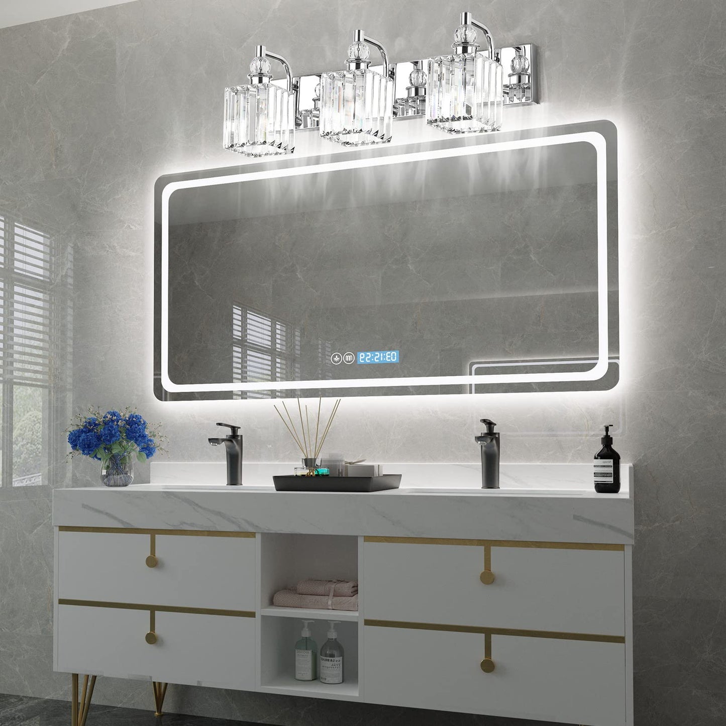 Ralbay 3-Light Crystal Vanity Light, 24 Chrome Stainless Steel, Model 8606 For Bathroom Wall Lighting