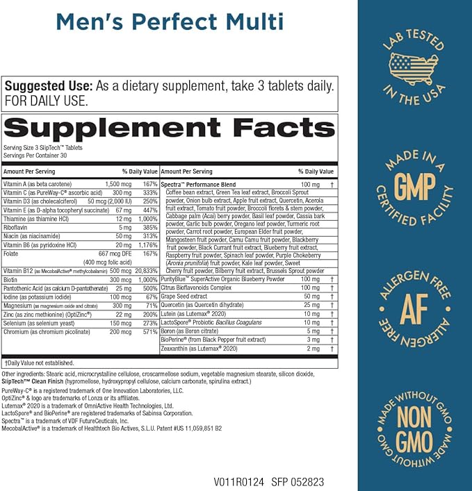 Purity Products Men's Perfect Multi from Vitamins, Minerals and Phytonutrients - Promotes Energy, Vitality and Stamina - Easy to Swallow - 90 Tablets