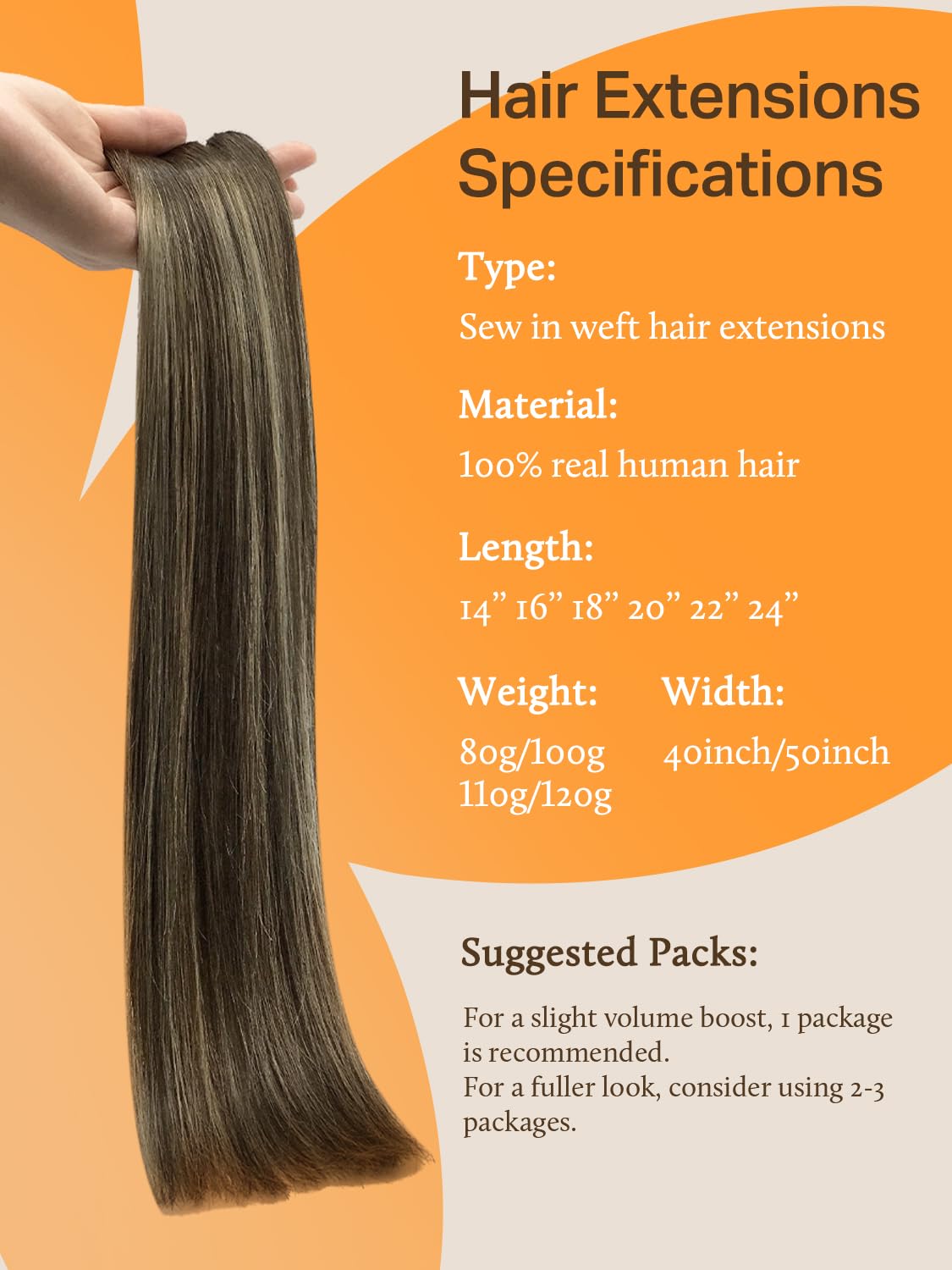 DOORES Human Hair Extensions, Chocolate Brown to Honey Blonde 16 Inch 80g, Sew in Human Hair Extensions Natural Hair Thickness S