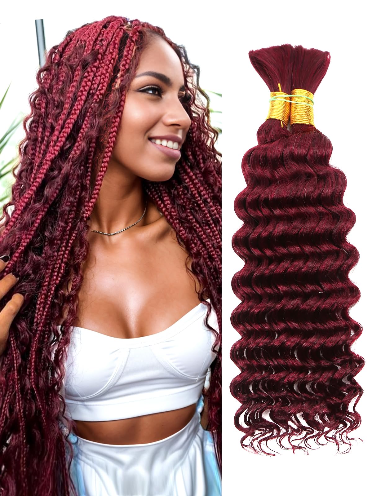 99J Burgundy Human Braiding Hair Deep Wave Bulk Human Hair, No Weft Curly Braiding Hair Extensions for Boho Braids Wet and Wavy