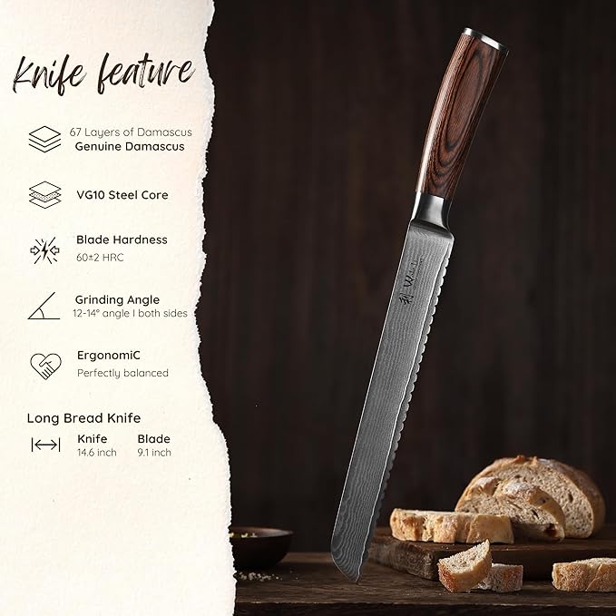 Wakoli EDIB Damascus Bread Knife – 9.1-Inch Long Serrated Blade | Japanese Style Kitchen Knife Made from 67-Layer Damascus Steel with VG10 Core | Ergonomic Pakkawood Handle | Premium Knife in Gift Box