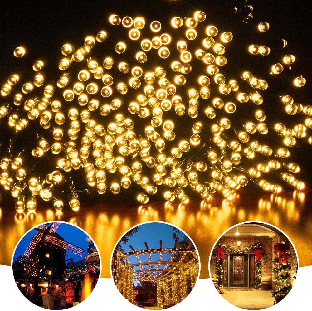 Tcamp 33Ft 100Led Solar Christmas Lights Outdoor Waterproof  Solar Outdoor String Lights With 8 Lighting Modes Memory Function For Xmas Tree Wedding Party Garden Decorations (Warm White)