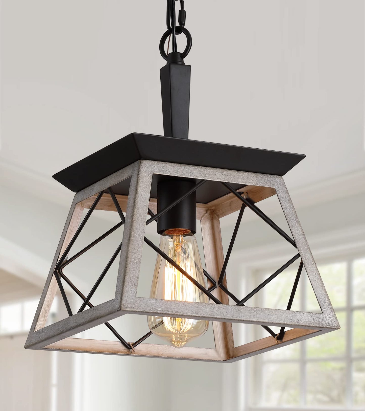 Q&S Farmhouse Pendant Light Fixture,Vintage Pendant Light Chandelier,Industrial Hanging Lighting,Wrought Iron,Oak and ORB,1 Ligh