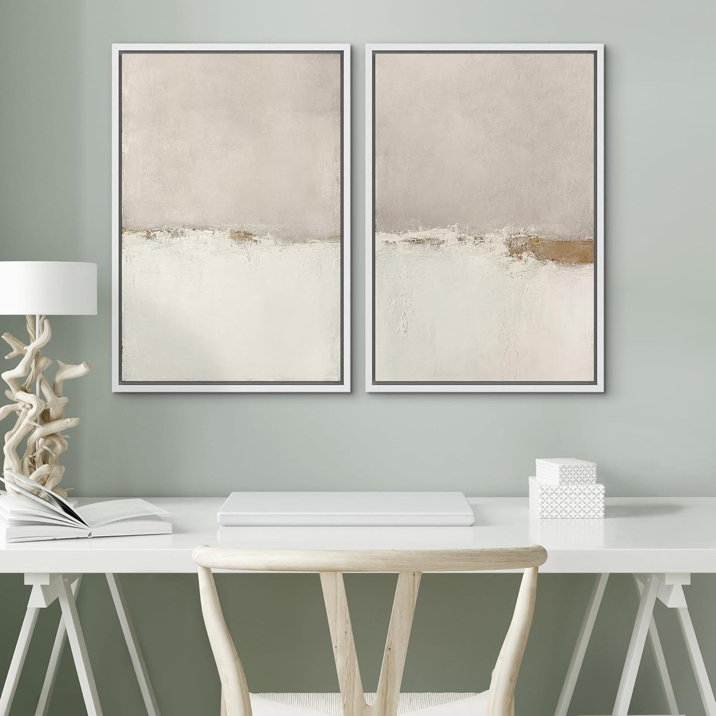 SIGNWIN Framed Canvas Print Wall Art Beige Gray Paint Strokes Abstract Grunge Landscape Prints Modern Art Minimalist Neutral Decor for Living Room, Bedroom, Office - 16"x24"x2 White