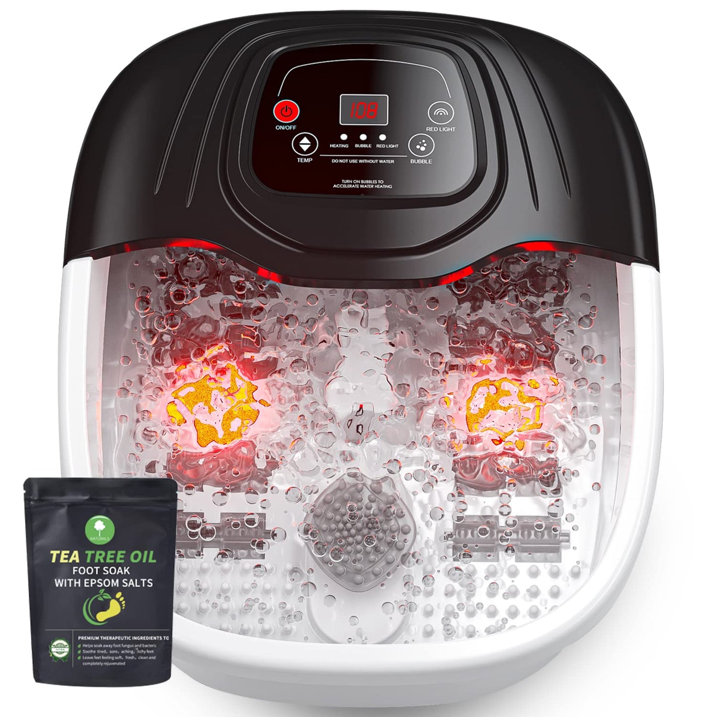 RIGHTMELL Foot Spa Massager with Heat, Bubbles & Vibration, Medium, Black/White, Model FT001