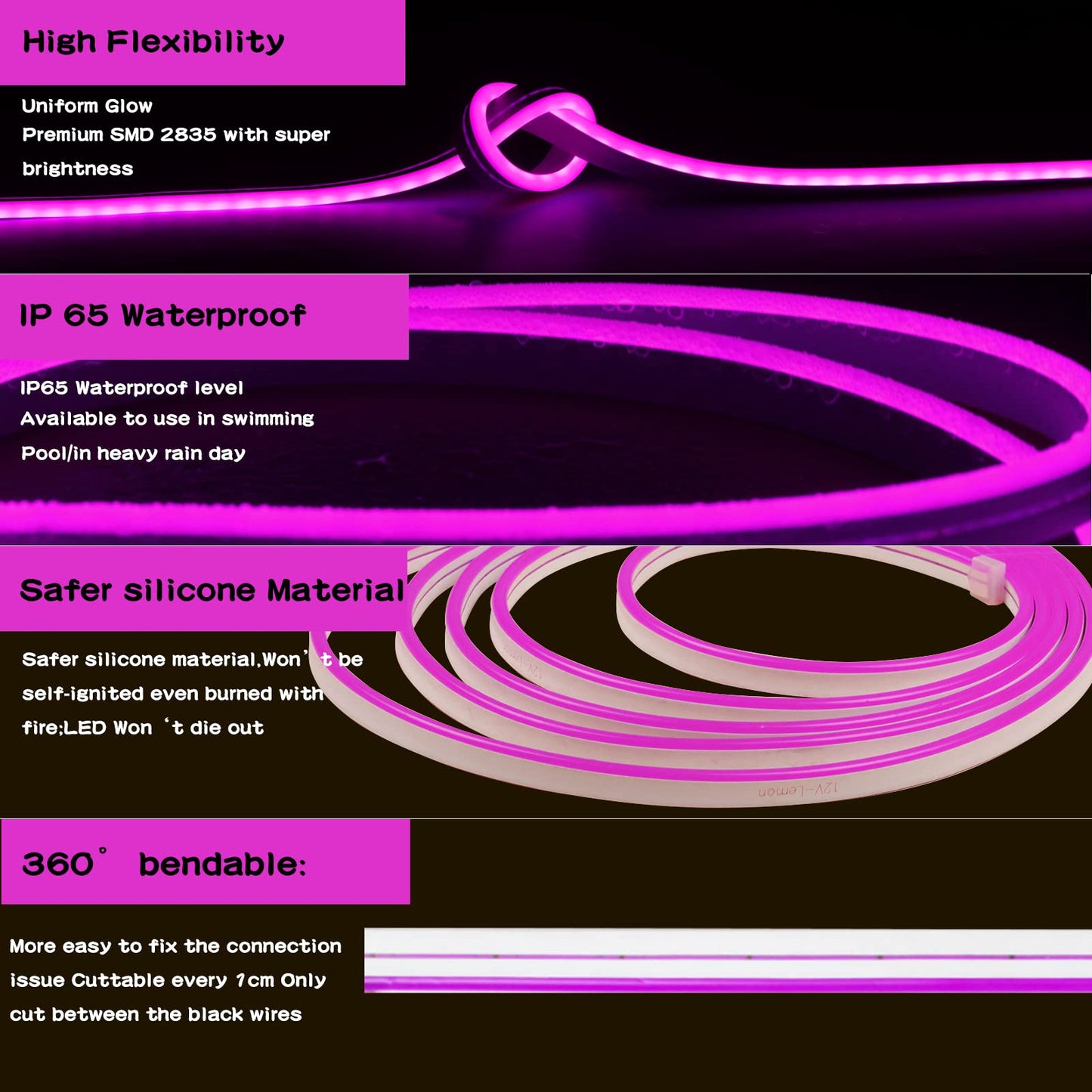 Meijiajia LED Neon Strip Lights, Purple, 12V, 16.4ft, Flexible, Waterproof Silicon, Cuttable, Model: LED Neon