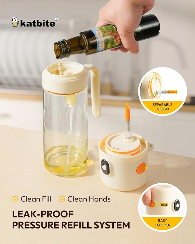 katbite 2 in 1 Oil Sprayer & Pour for Cooking, 18.6 oz(550ml) Glass Olive Oil Dispenser Bottle, One-Touch Open Lid, Non-Drip Leak-Proof Design, Fine Mist(0.5g/Spray) for Air Fryer, Salad, Cream White