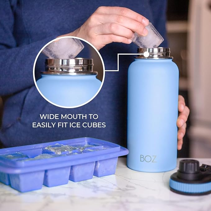 BOZ Stainless Steel Water Bottle - Vaccum Insulated Water Bottle 32 Oz - Wide Mouth BPA Free Sport Water Bottle for Gym with Spout Lid - Thermal Hot & Cold 1 Litre Light Blue Waterbottle