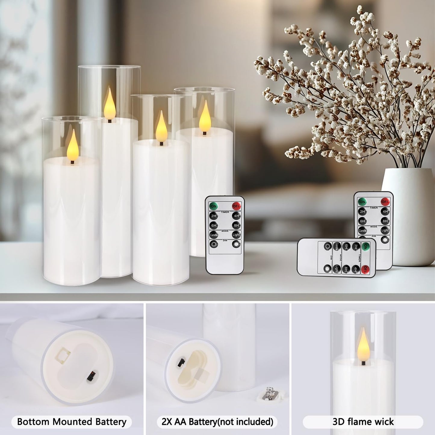 CAKETYCG 24 Pcs Acrylic LED Flameless Candles with 4 Remote,White,Flickering, Clear, Suitable for Wedding, Party, Home Decoration & Outdoor.