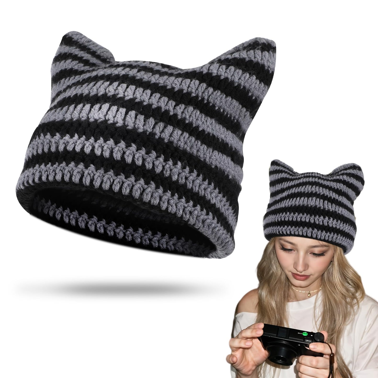 Crochet Cat Ear Beanie Black Gray Cat Ear Hat for Women Cute and Cozy Gothic Knitted Crochet Perfect for Winter Halloween Christmas and Y2k Aesthetic