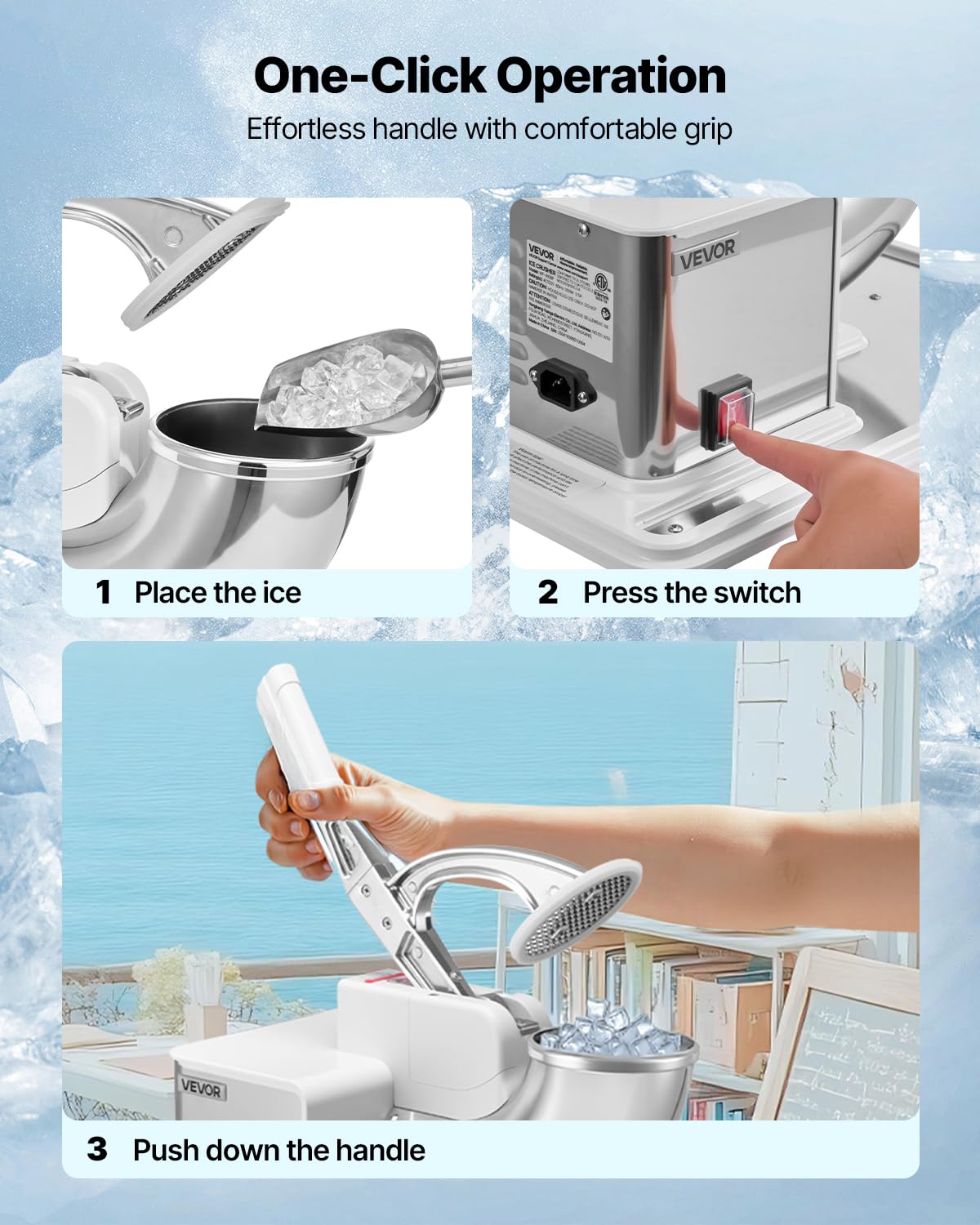 VEVOR Commercial Ice Crusher 661LBS/H, 350W Electric Snow Cone Machine with 4 Blades, 1400RPM Stainless Steel Shaved Ice Machine with 11 Gal Crushed-Ice Box, for Family Restaurants Bars, White